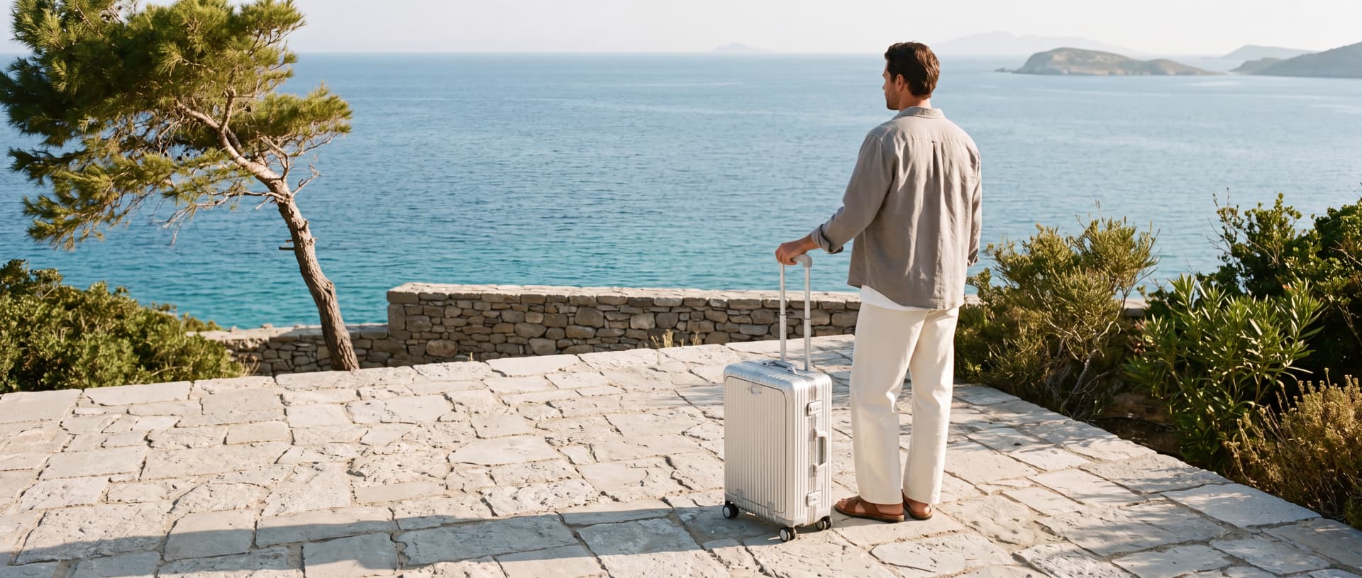 Valises cabine Valigo en aluminium au bord de la Méditerranée
