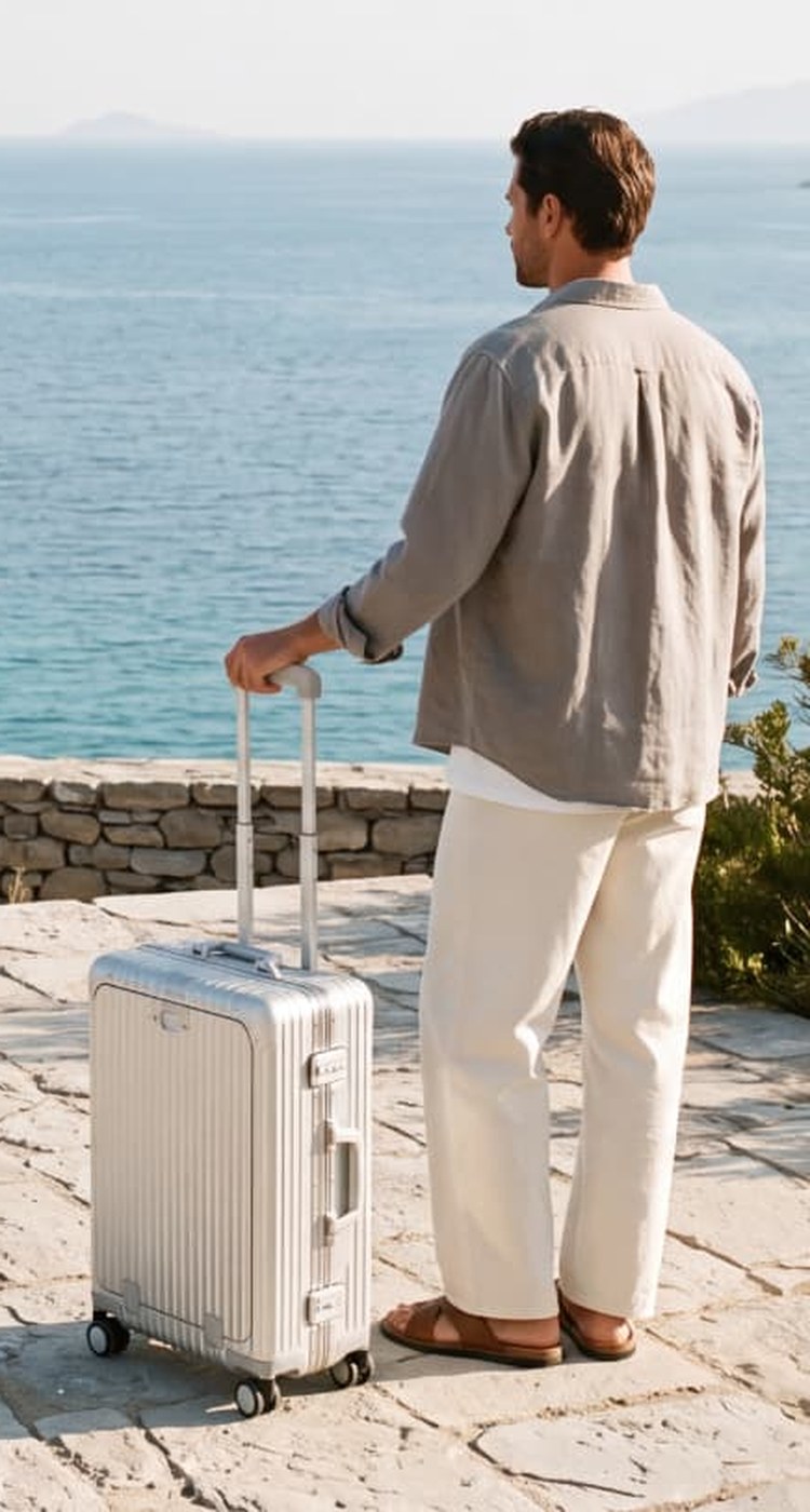 Valises cabine Valigo en aluminium au bord de la Méditerranée